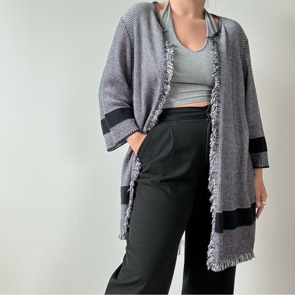 Kasper Black and Gray Fringed Cardigan - Picture 4 of 5